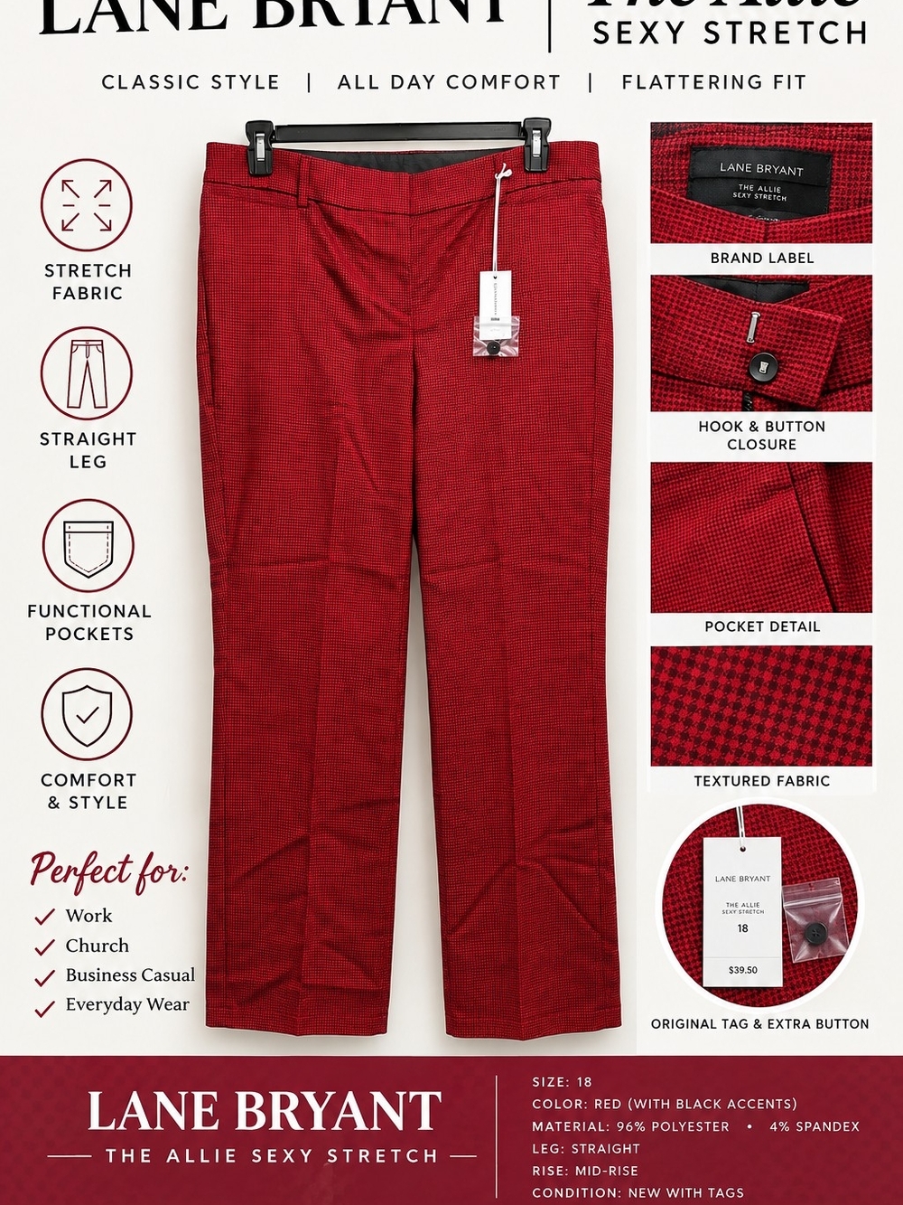 Lane Bryant Red Textured Straight-Leg Trousers with Black Accents